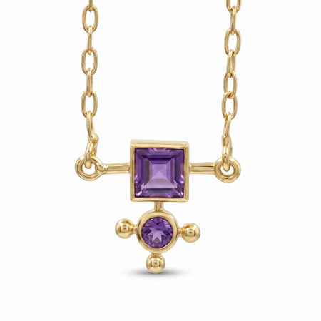 Natural amethyst geometric pendant necklace with square and round gemstones in 18K gold plated finish