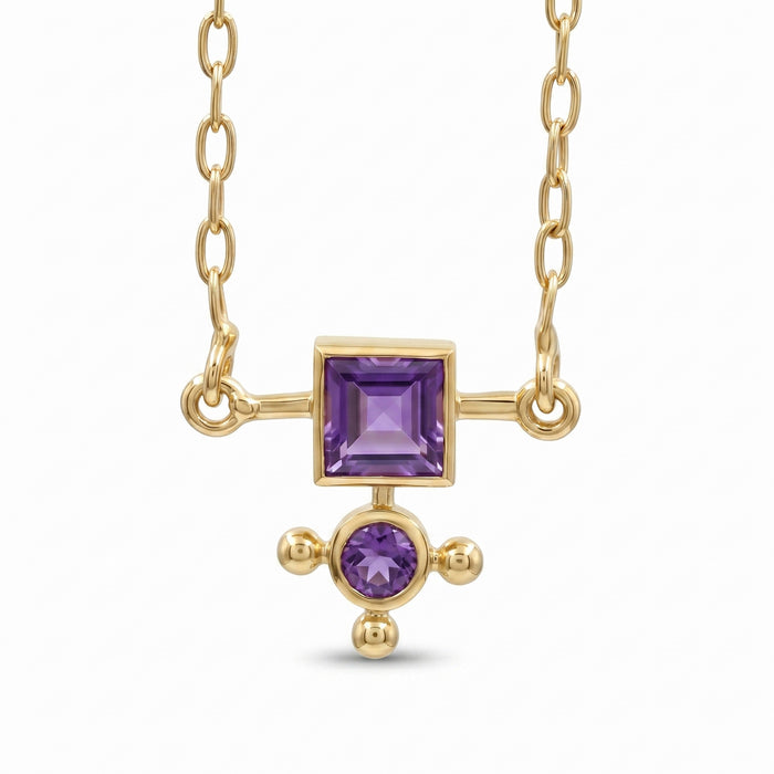 Natural amethyst geometric pendant necklace with square and round gemstones in 18K gold plated finish