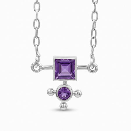Natural amethyst geometric pendant necklace with square and round gemstones in silver plated finish