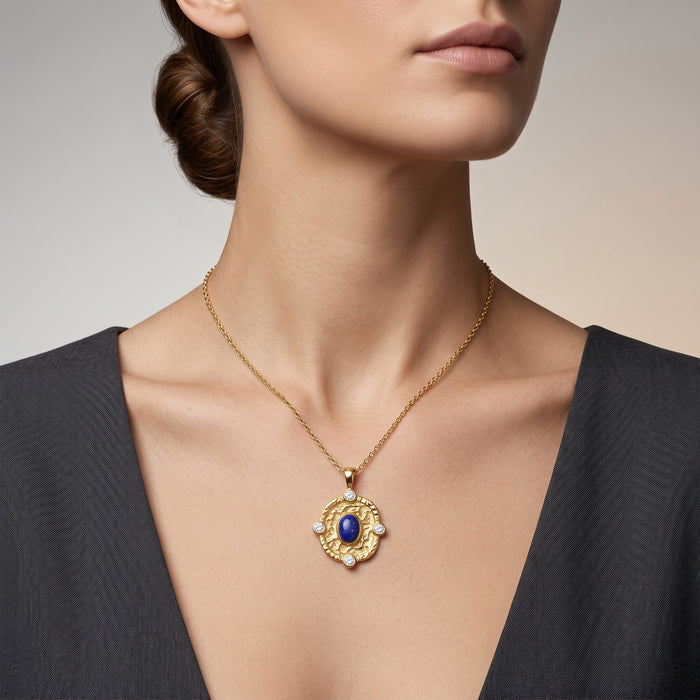Lapis Lazuli Texture Medallion Pendant Gold-Plated Necklace