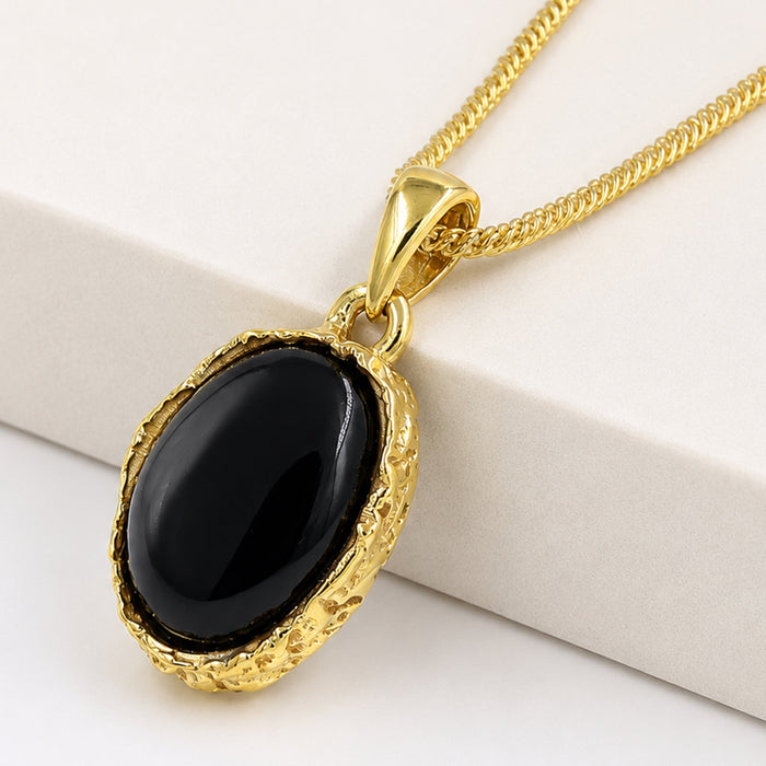 Natural Black Onyx Gemstone Pendant | 18K Gold Plated Necklace