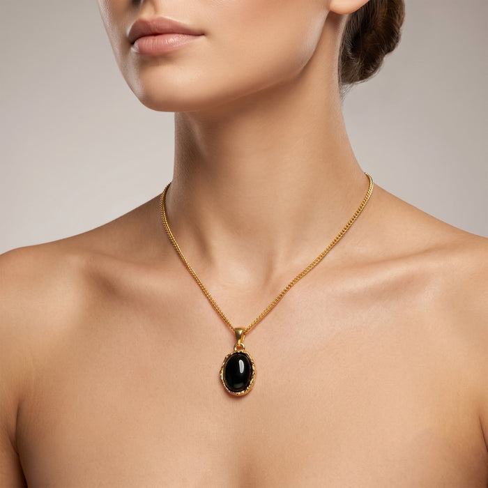 Natural Black Onyx Gemstone Pendant | 18K Gold Plated Necklace