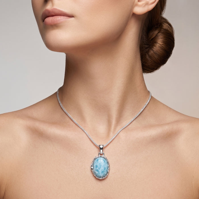 Natural Larimar Oval Gemstone Pendant in Silver plating