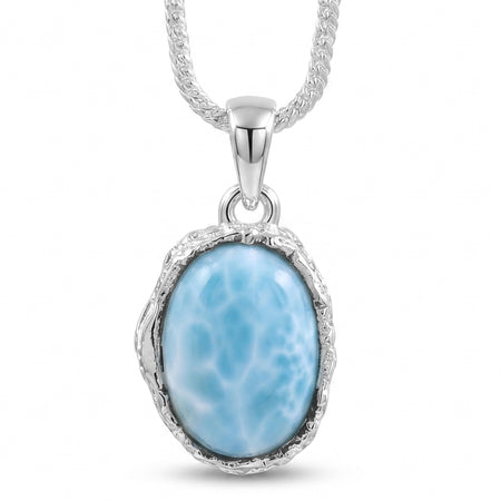 Natural Larimar Oval Gemstone Pendant in Silver plating on a white background