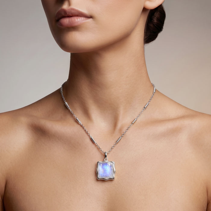 Natural Rainbow Moonstone Pendant Necklace - 18K Gold and Silver Plated
