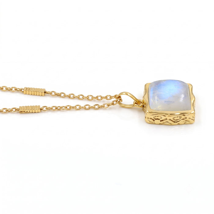 Natural Rainbow Moonstone Pendant Necklace - 18K Gold and Silver Plated