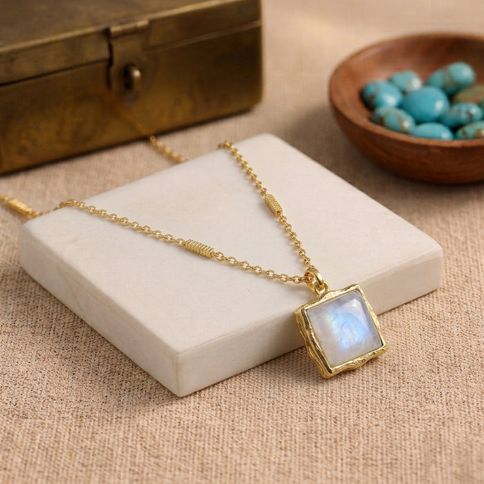 Natural Rainbow Moonstone Pendant Necklace - 18K Gold and Silver Plated