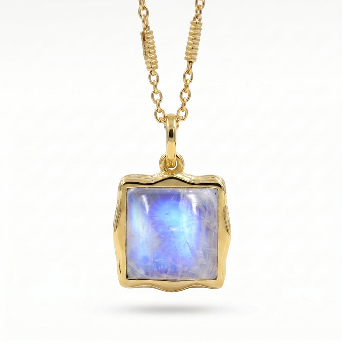 Natural Rainbow Moonstone Pendant Necklace - 18K Gold and Silver Plated