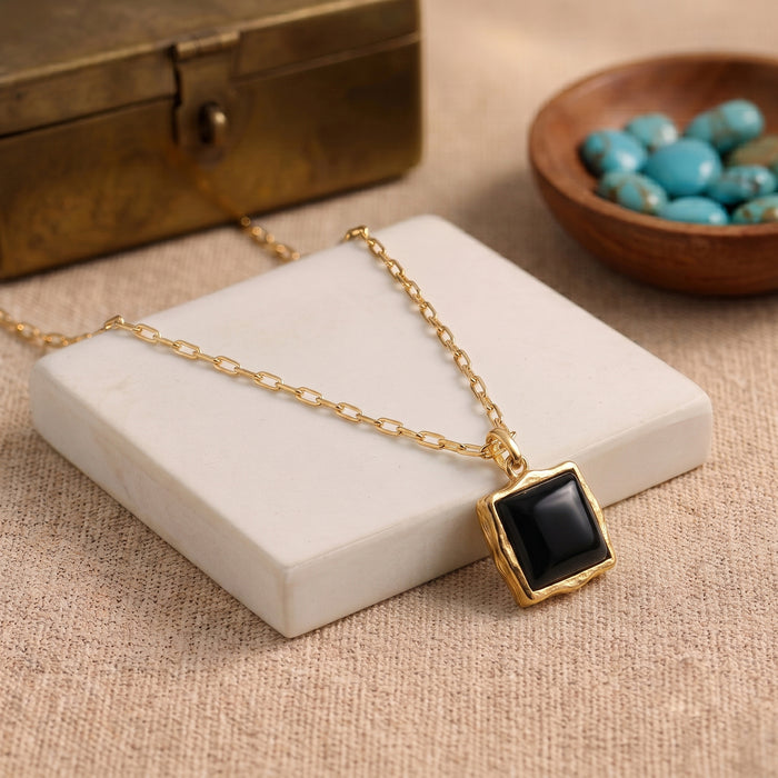 Natural Black Onyx Baguette Pendant Necklace - Gold & Silver Plated