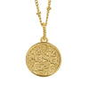 A 18K gold plated coin pendant necklace featuring an embossed circular design, suspended from a gold chain against a plain white background.