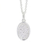 A silver oval pendant necklace with a textured, hammered finish inside a polished bezel setting, suspended from a delicate link chain against a plain white background.