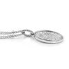 A silver oval pendant necklace with a textured, glittery silver inlay, suspended from a silver chain on a white background.