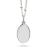 A silver oval pendant necklace with a polished, reflective surface, suspended from a silver chain on a clean white background.