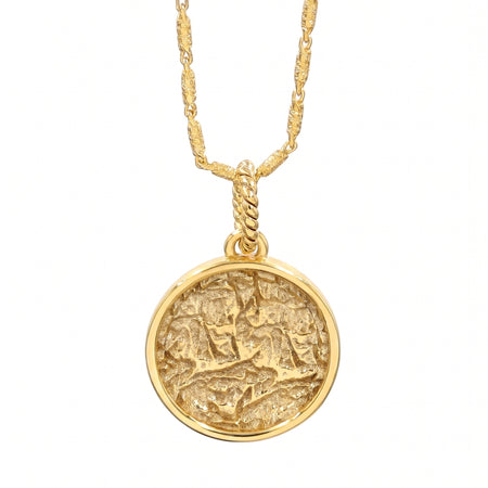 A 18K gold plated pendant necklace featuring a textured, circular medallion pendant on a matching twisted chain, shown against a plain white background.