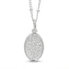A silver oval pendant necklace featuring a textured, hammered or crackled metallic surface inside a polished bezel setting, suspended from a matching silver chain on a white background.