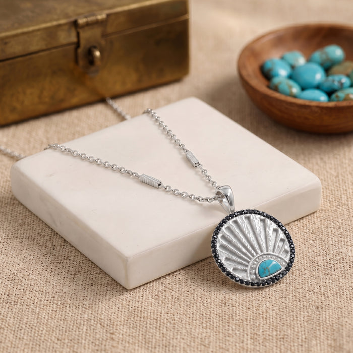 Natural Blue Turquoise Sunburst Pendant Necklace | 18K Gold Plated