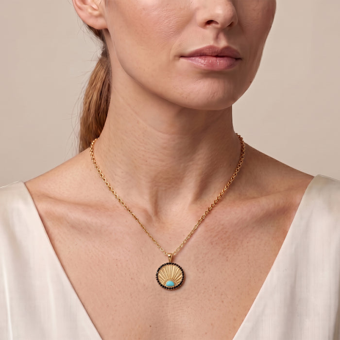 Natural Blue Turquoise Sunburst Pendant Necklace | 18K Gold Plated