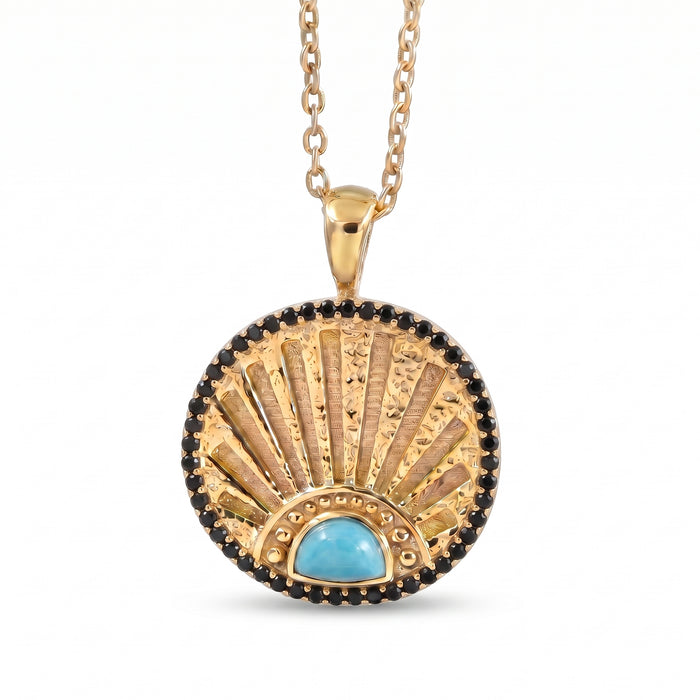 Natural Blue Turquoise Sunburst Pendant Necklace | 18K Gold Plated