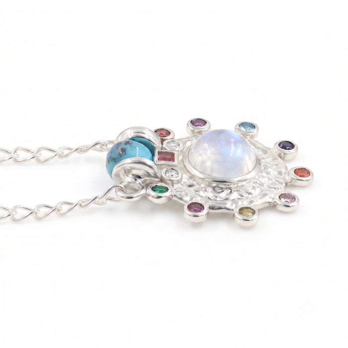 Natural Rainbow Moonstone & Multi-Gemstone Pendant Necklace – 18K Gold & Silver Plated
