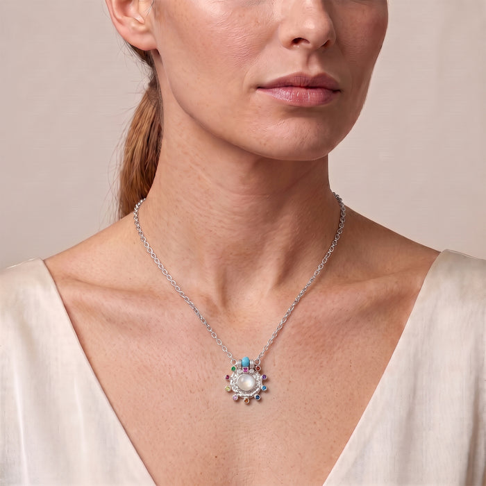 Natural Rainbow Moonstone & Multi-Gemstone Pendant Necklace – 18K Gold & Silver Plated