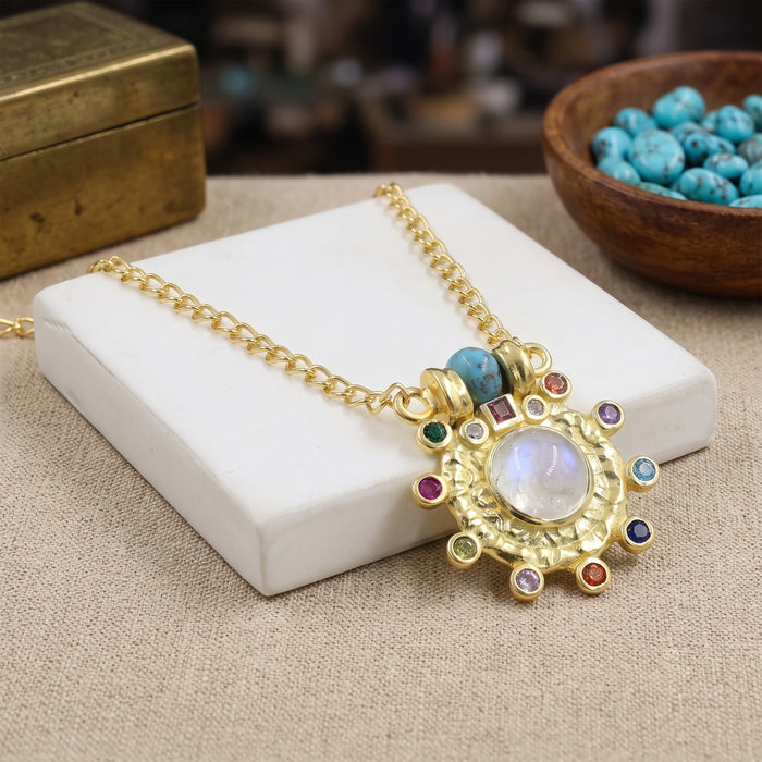 Natural Rainbow Moonstone & Multi-Gemstone Pendant Necklace – 18K Gold & Silver Plated