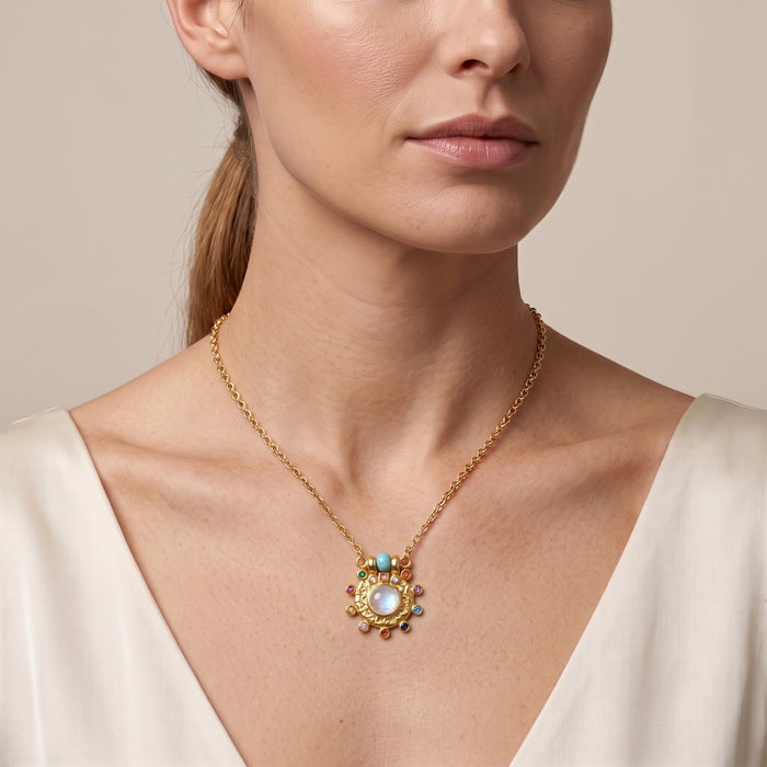 Natural Rainbow Moonstone & Multi-Gemstone Pendant Necklace