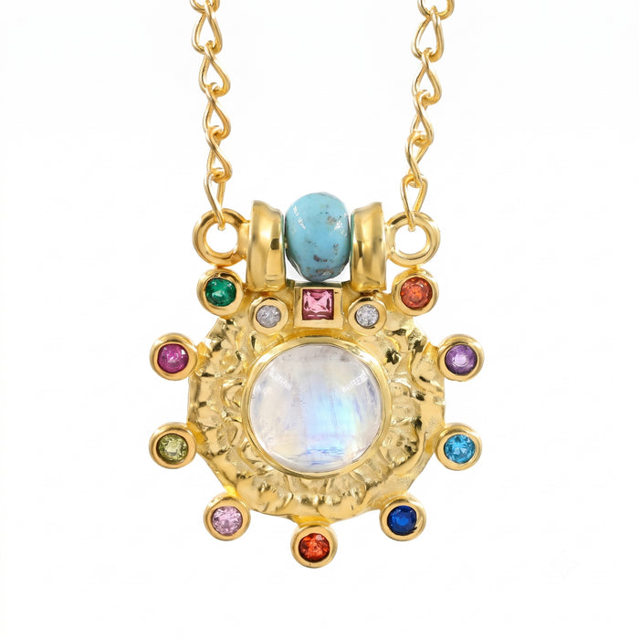 Natural Rainbow Moonstone & Multi-Gemstone Pendant Necklace – 18K Gold & Silver Plated