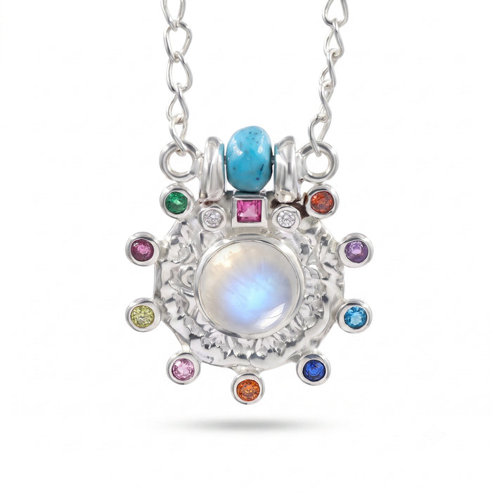 Natural Rainbow Moonstone & Multi-Gemstone Pendant Necklace – 18K Gold & Silver Plated