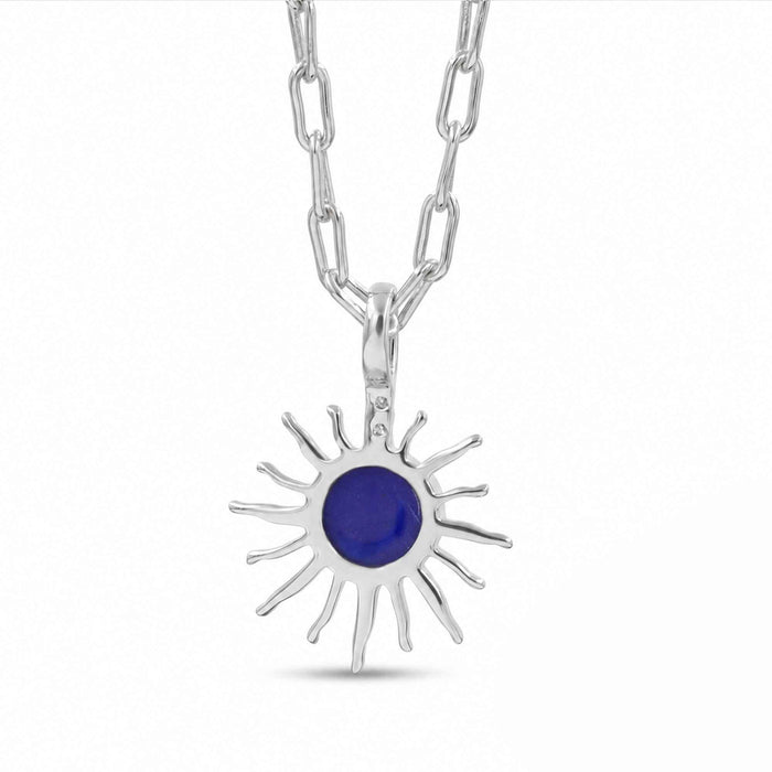 Natural Lapis Lazuli Sunburst Pendant Necklace with Swarovski Crystal Accents – 18K Gold & Silver Plated