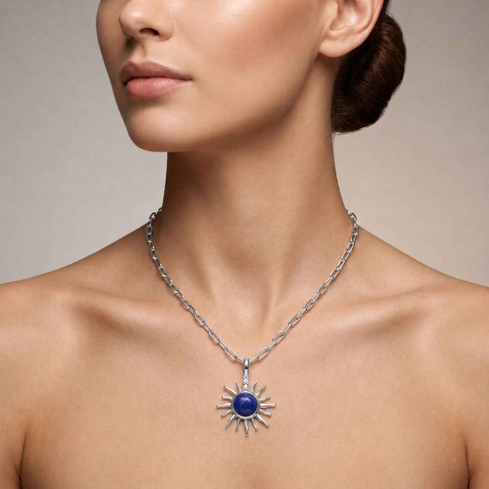 Natural Lapis Lazuli Sunburst Pendant Necklace with Swarovski Crystal Accents – 18K Gold & Silver Plated