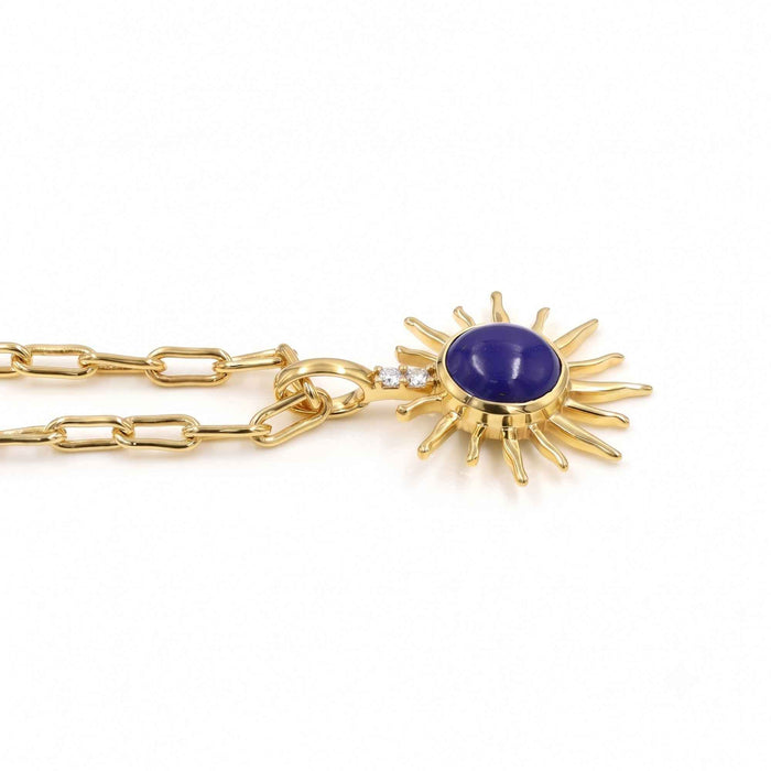 Natural Lapis Lazuli Sunburst Pendant Necklace with Swarovski Crystal Accents – 18K Gold & Silver Plated