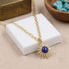 Natural Lapis Lazuli Sunburst Pendant Necklace with Swarovski Crystal Accents – 18K Gold & Silver Plated