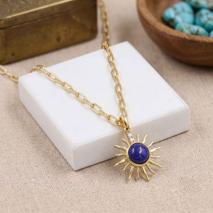 Natural Lapis Lazuli Sunburst Pendant Necklace with Swarovski Crystal Accents – 18K Gold & Silver Plated