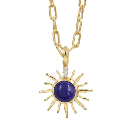 Natural Lapis Lazuli Sunburst Pendant Necklace with Swarovski Crystal Accents – 18K Gold & Silver Plated