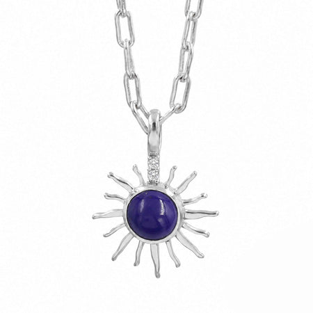 Natural Lapis Lazuli Sunburst Pendant Necklace with Swarovski Crystal Accents – 18K Gold & Silver Plated