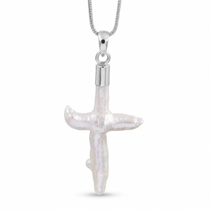 Natural lapis lazuli and freshwater pearl cross pendant necklace in silver plated finish