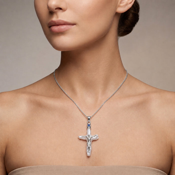 Natural lapis lazuli and freshwater pearl cross pendant necklace in silver plated finish