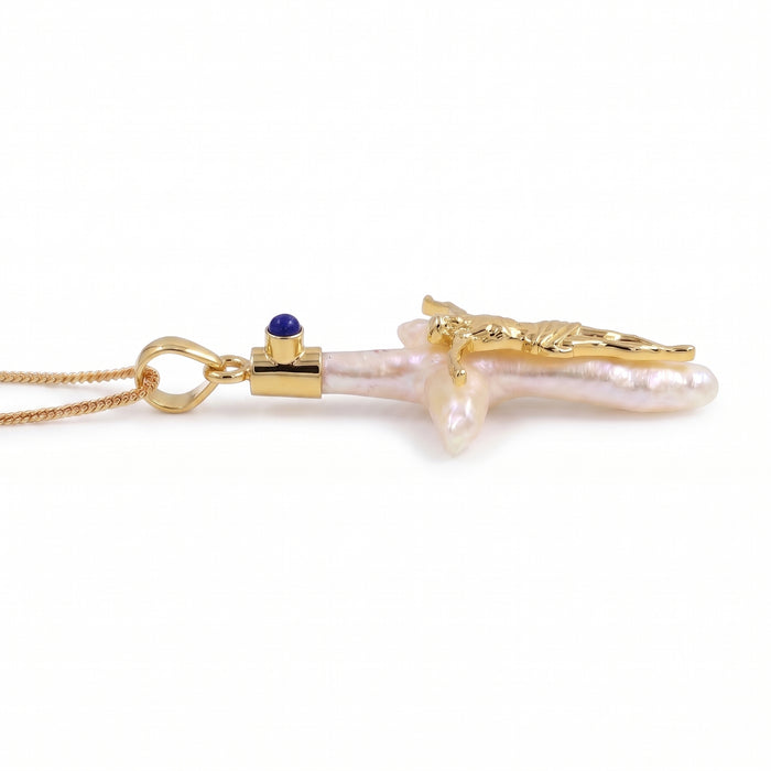 Natural lapis lazuli and freshwater pearl cross pendant necklace in 18K gold plated finish