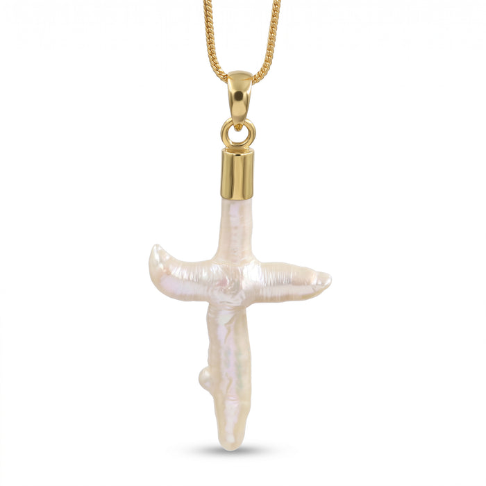 Natural Freshwater Pearl Cross Pendant Gold-Plated Necklace