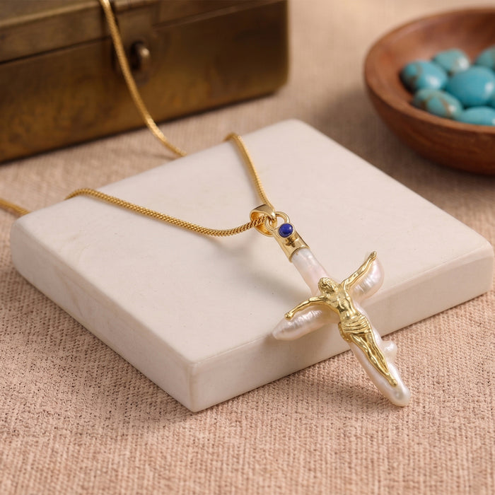 Natural lapis lazuli and freshwater pearl cross pendant necklace in 18K gold plated finish