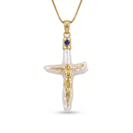 Natural lapis lazuli and freshwater pearl cross pendant necklace in 18K gold plated finish