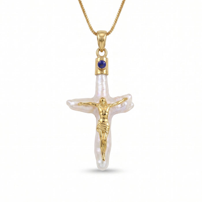 Natural lapis lazuli and freshwater pearl cross pendant necklace in 18K gold plated finish