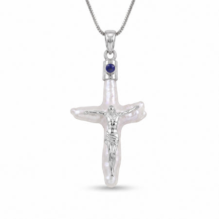 Natural lapis lazuli and freshwater pearl cross pendant necklace in silver plated finish