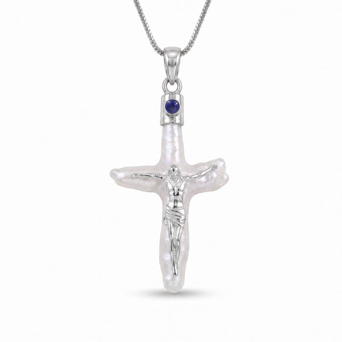 Natural lapis lazuli and freshwater pearl cross pendant necklace in silver plated finish