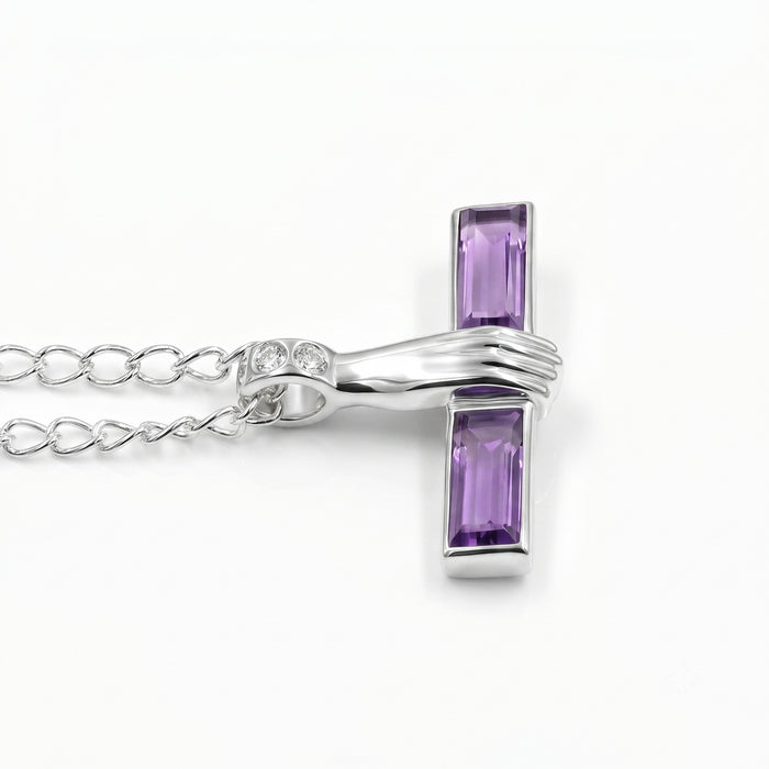 18K Gold Plated Natural Amethyst & Swarovski Crystal Bar Pendant Necklace