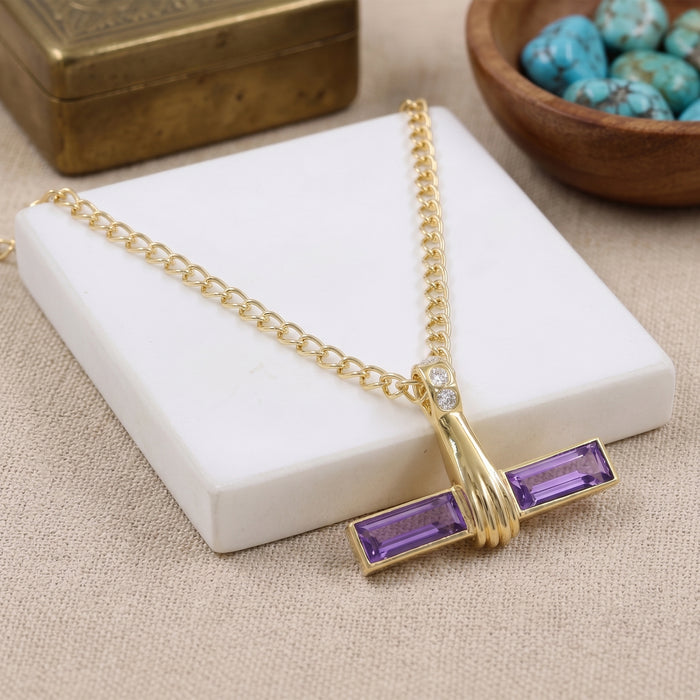18K Gold Plated Natural Amethyst & Swarovski Crystal Bar Pendant Necklace