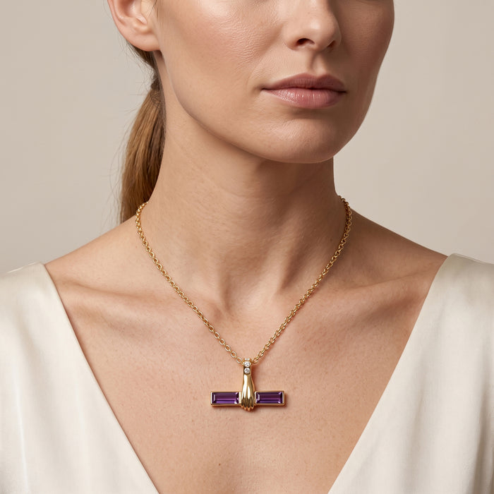 18K Gold Plated Natural Amethyst & Swarovski Crystal Bar Pendant Necklace
