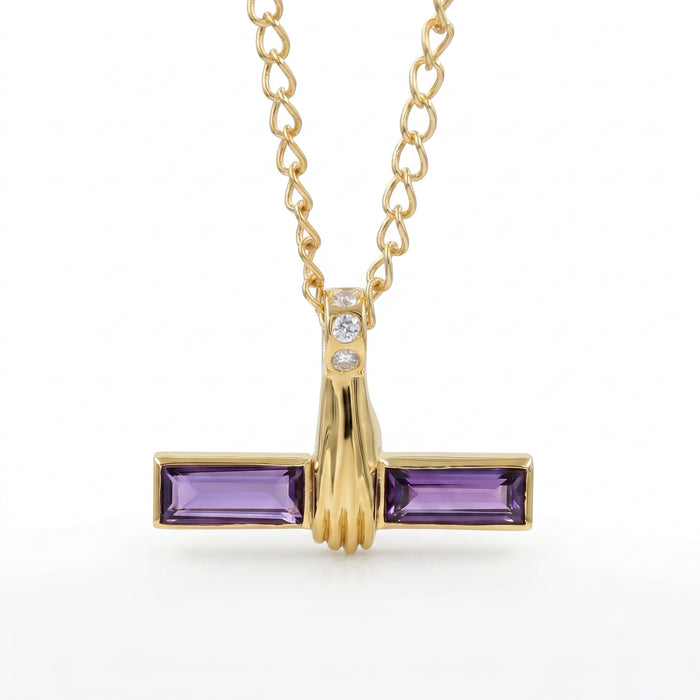 18K Gold Plated Natural Amethyst & Swarovski Crystal Bar Pendant Necklace