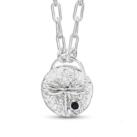 Natural Black Onyx Textured Dragonfly Pendant – Silver Plated Necklace