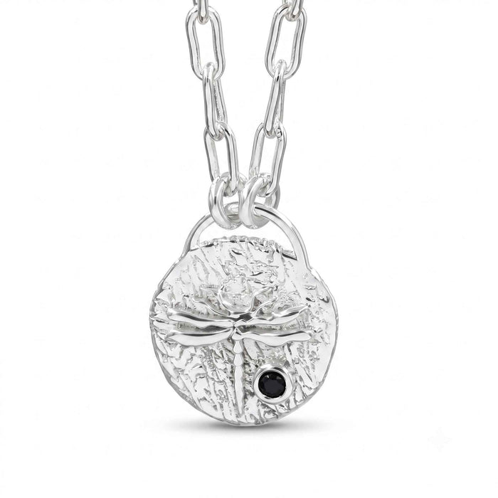 Natural Black Onyx Textured Dragonfly Pendant – Silver Plated Necklace